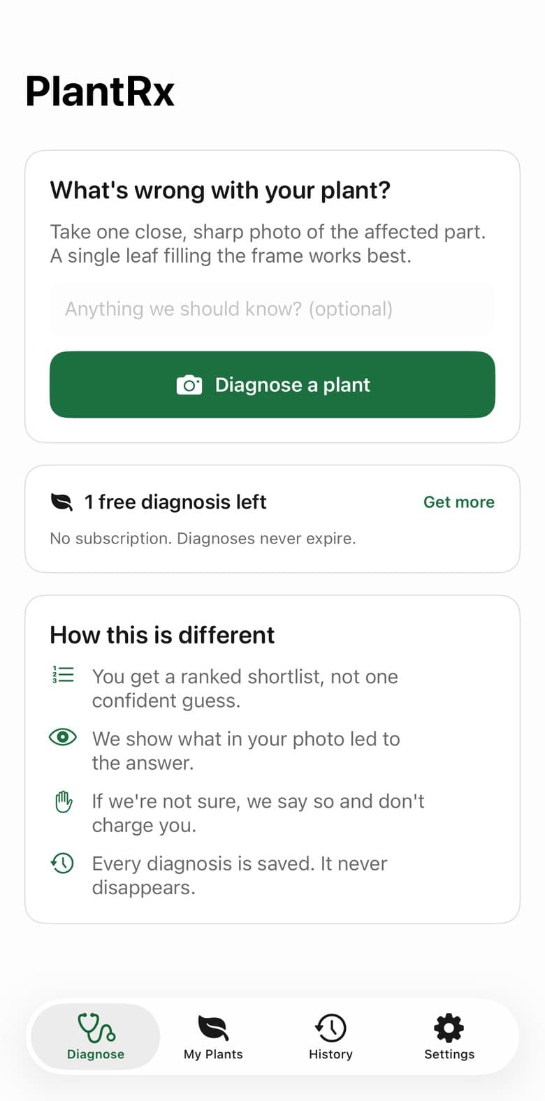 PlantRx home screen asking what is wrong with your plant, with a Diagnose a plant button
