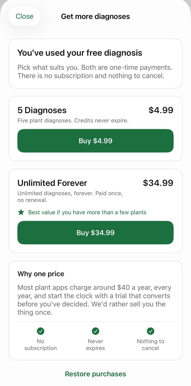 PlantRx pricing screen: Unlimited Forever for $34.99 or 5 Diagnoses for $4.99, both one-time payments